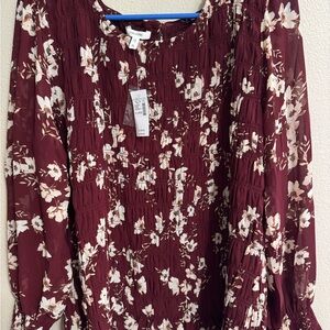 Maurices Red and Cream Pleated Long Sleeve Blouse